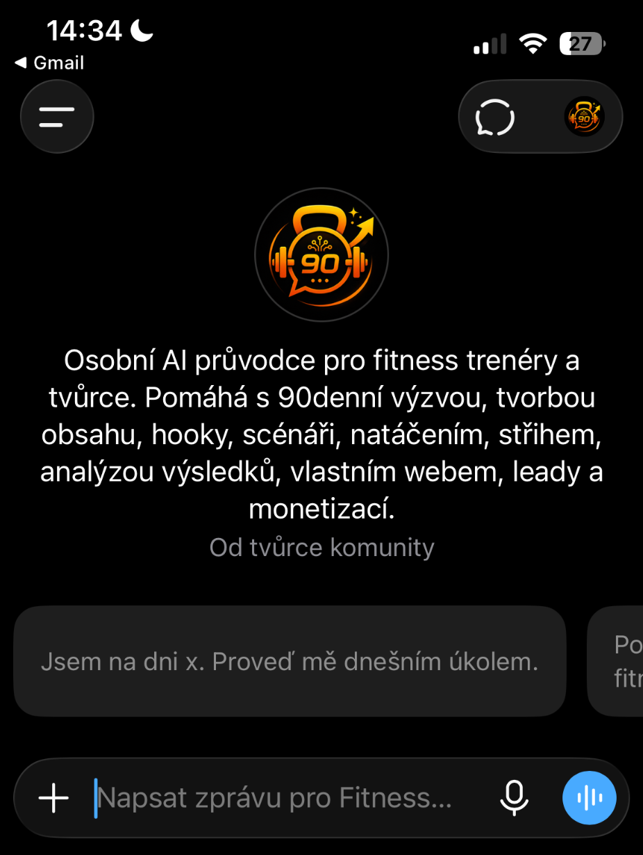 Ukázka vlastního AI průvodce Fitness Content Coach